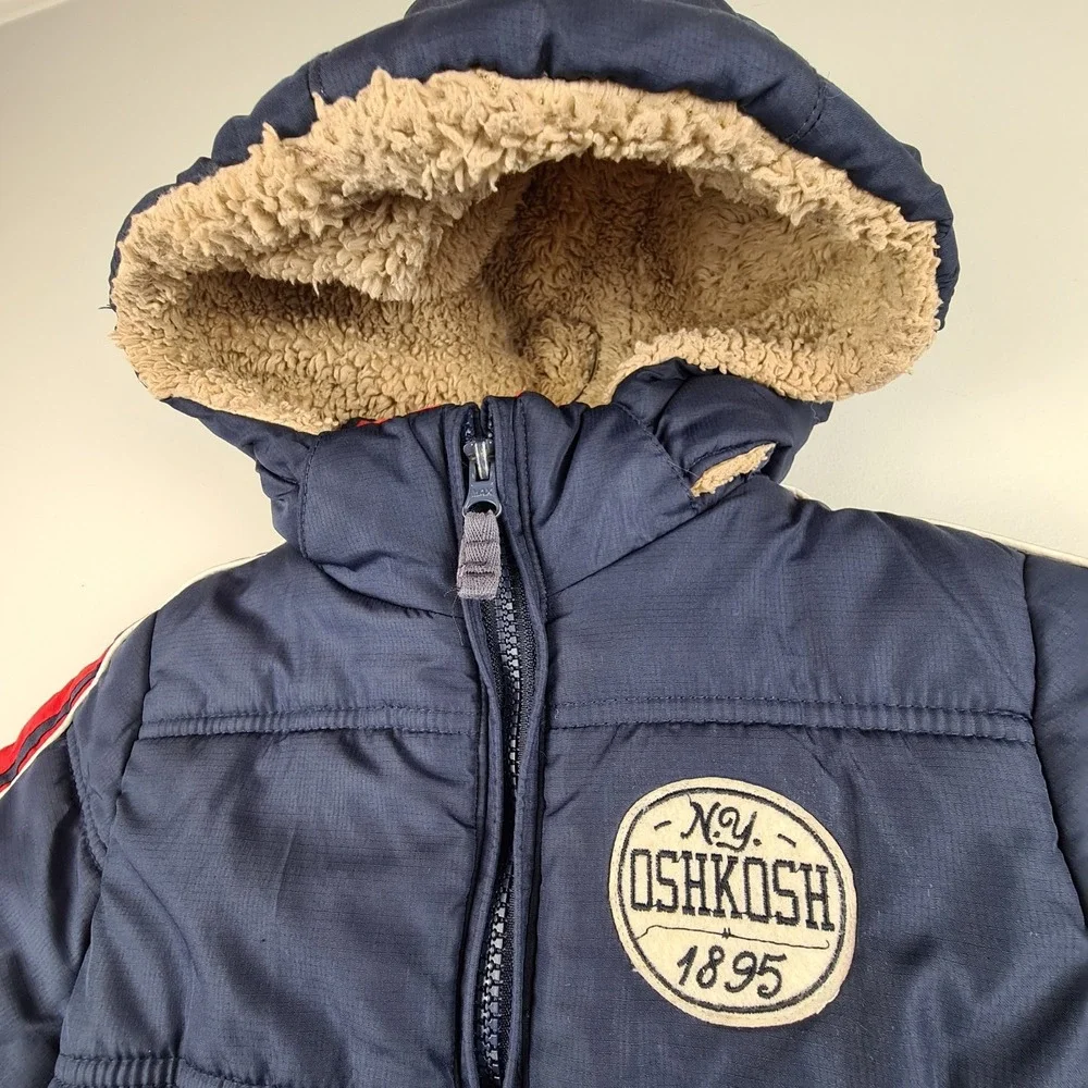 OSHKOSH B'GOSH‎ Little Boys Navy Blue Stripe Hooded Puffer Jacket Size S 4T